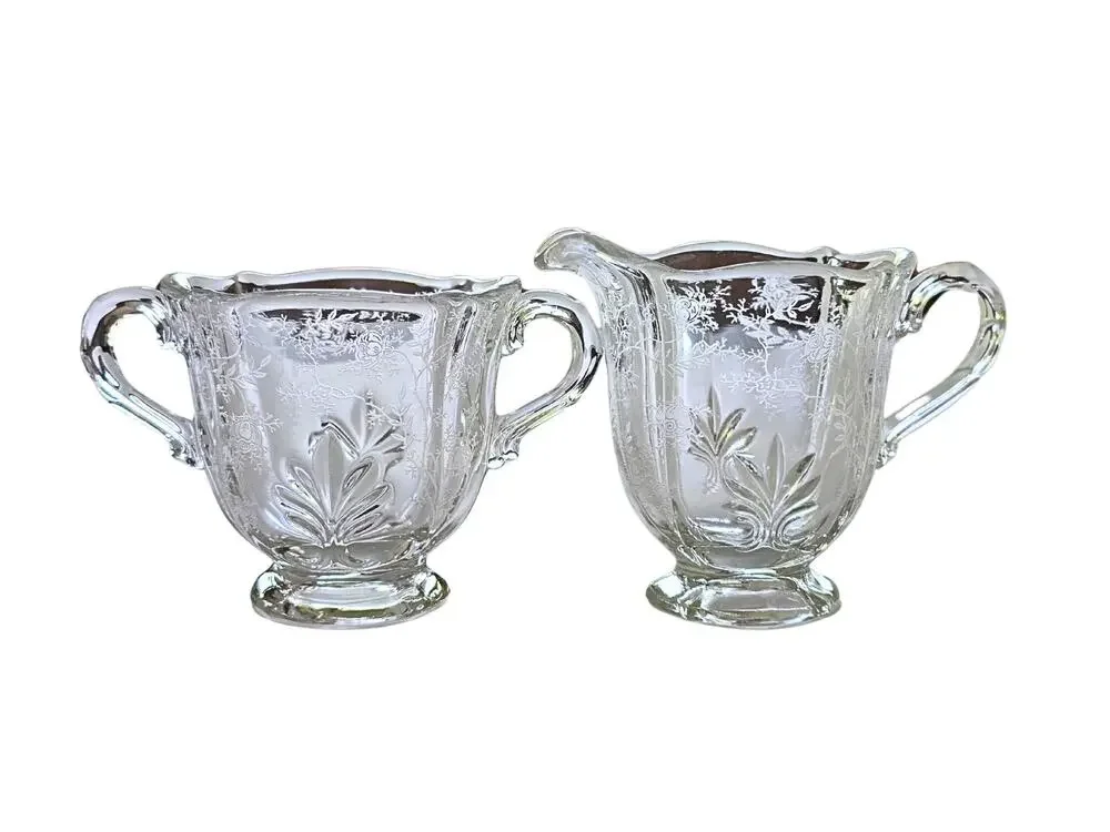 Vintage Creamer & Open Sugar Bowl in Fostoria Chintz Pattern, Pristine Condition